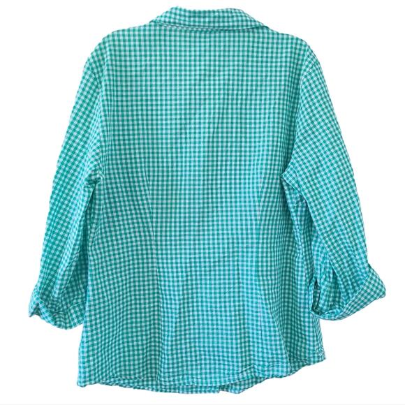 Ann Taylor Fact Gingham Print Button Down Blouse Size 8 Green White Plaid Check - Picture 2 of 4